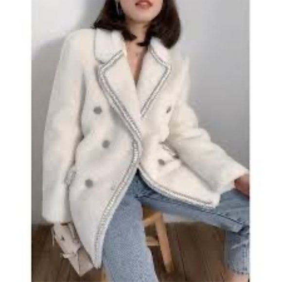 caviedo Jackets & Blazers - Fuzzy Double Breast White Coat With Metallic Threads & Silver Stamped Buttons